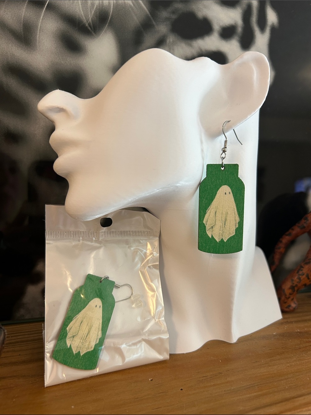Green Ghost in a Jar Dangle Earrings (NWOT)